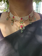 Gold polish kundan and ruby pendant with jade beads & pearls necklace-Silver Neckpiece-CI-House of Taamara
