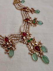 Gold polish kundan and ruby pendant with jade beads & pearls necklace-Silver Neckpiece-CI-House of Taamara