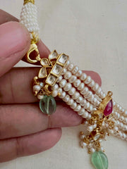 Gold polish kundan and ruby pendant with jade beads & pearls necklace-Silver Neckpiece-CI-House of Taamara