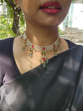 Gold polish kundan and ruby pendant with jade beads & pearls necklace-Silver Neckpiece-CI-House of Taamara