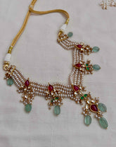 Gold polish kundan and ruby pendant with jade beads & pearls necklace-Silver Neckpiece-CI-House of Taamara