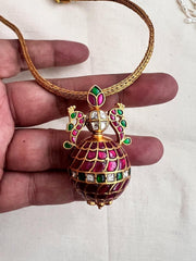 Gold polish kundan and ruby pendant with woven gold chain-Silver Neckpiece-CI-House of Taamara