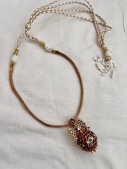 Gold polish kundan and ruby pendant with woven gold chain-Silver Neckpiece-CI-House of Taamara
