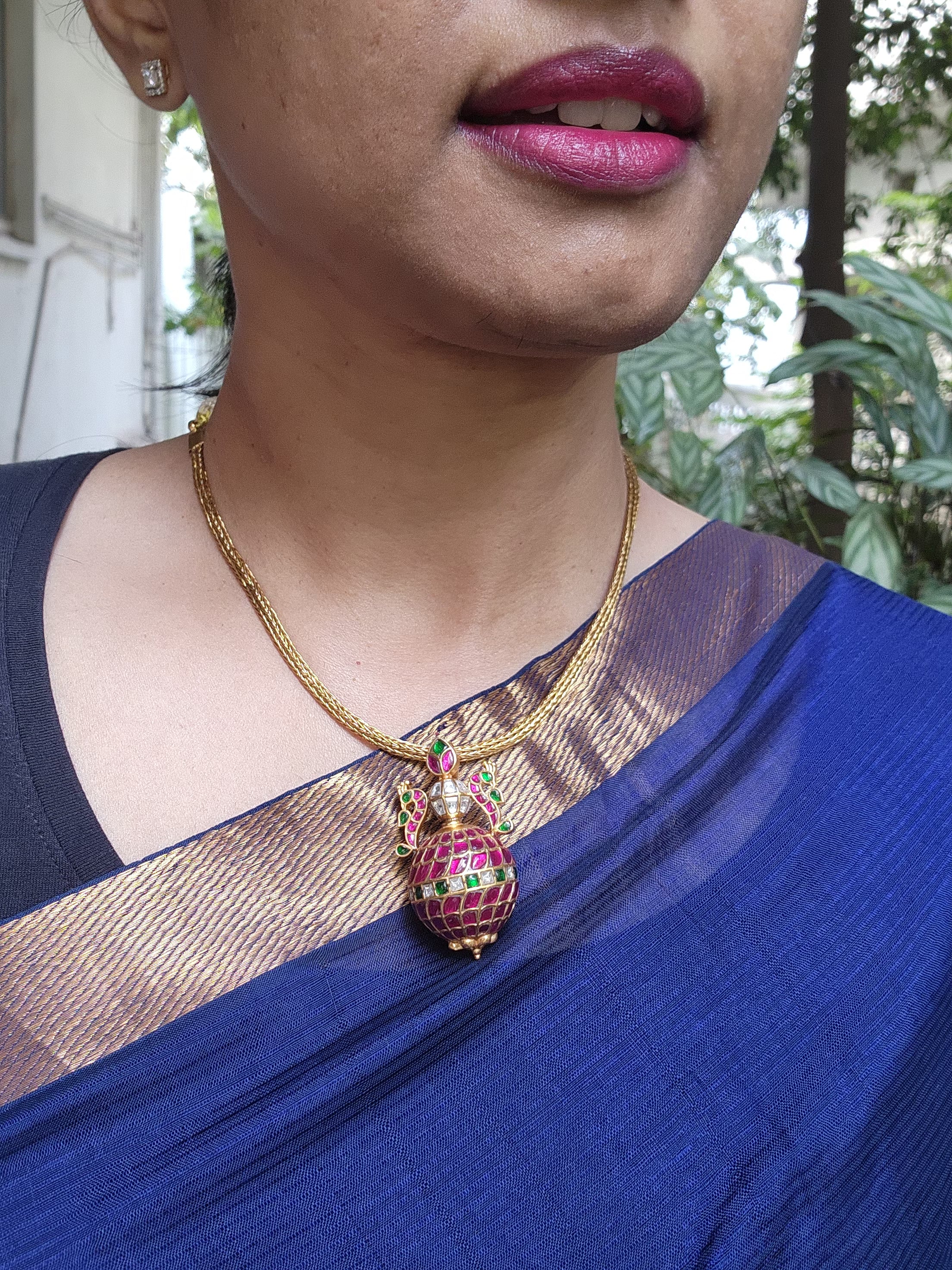 Gold polish kundan and ruby pendant with woven gold chain-Silver Neckpiece-CI-House of Taamara