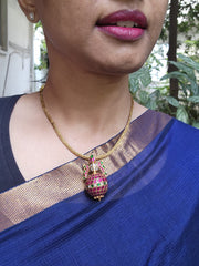 Gold polish kundan and ruby pendant with woven gold chain-Silver Neckpiece-CI-House of Taamara