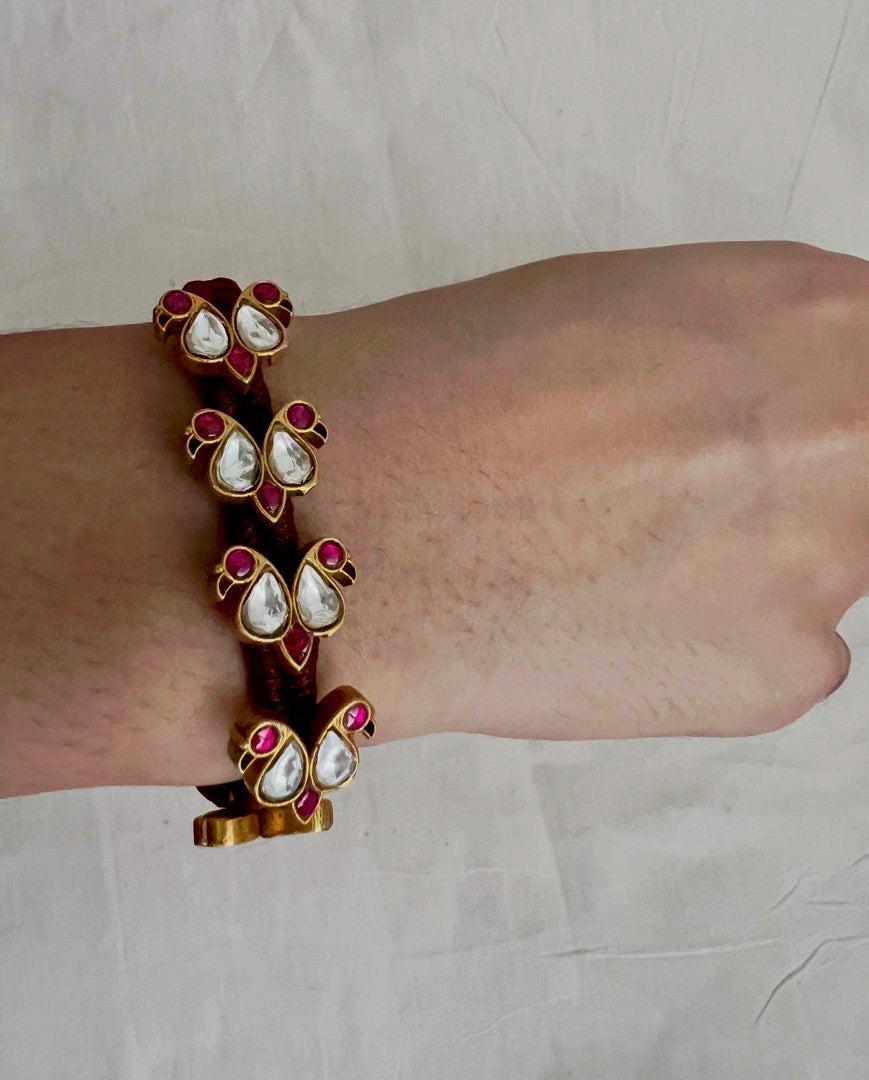 Gold polish kundan and ruby threaded bracelet-Silver Bracelet-CI-House of Taamara