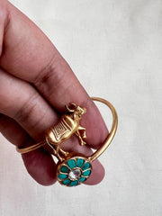 Gold polish kundan and turquoise kada with cow motif-Silver Bracelet-CI-House of Taamara