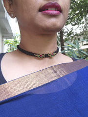 Gold polish kundan birds in black threaded necklace-Silver Neckpiece-CI-House of Taamara