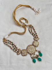Gold polish kundan choker with pearls & green onyx beads-Silver Neckpiece-CI-House of Taamara
