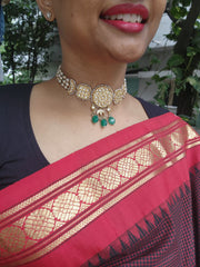 Gold polish kundan choker with pearls & green onyx beads-Silver Neckpiece-CI-House of Taamara