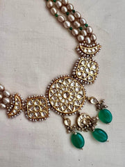 Gold polish kundan choker with pearls & green onyx beads-Silver Neckpiece-CI-House of Taamara