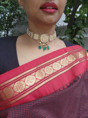 Gold polish kundan choker with pearls & green onyx beads-Silver Neckpiece-CI-House of Taamara