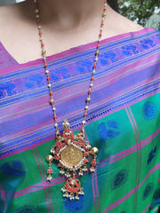 Gold polish kundan & coral pendant chain with pearls and coral beads-Silver Neckpiece-CI-House of Taamara