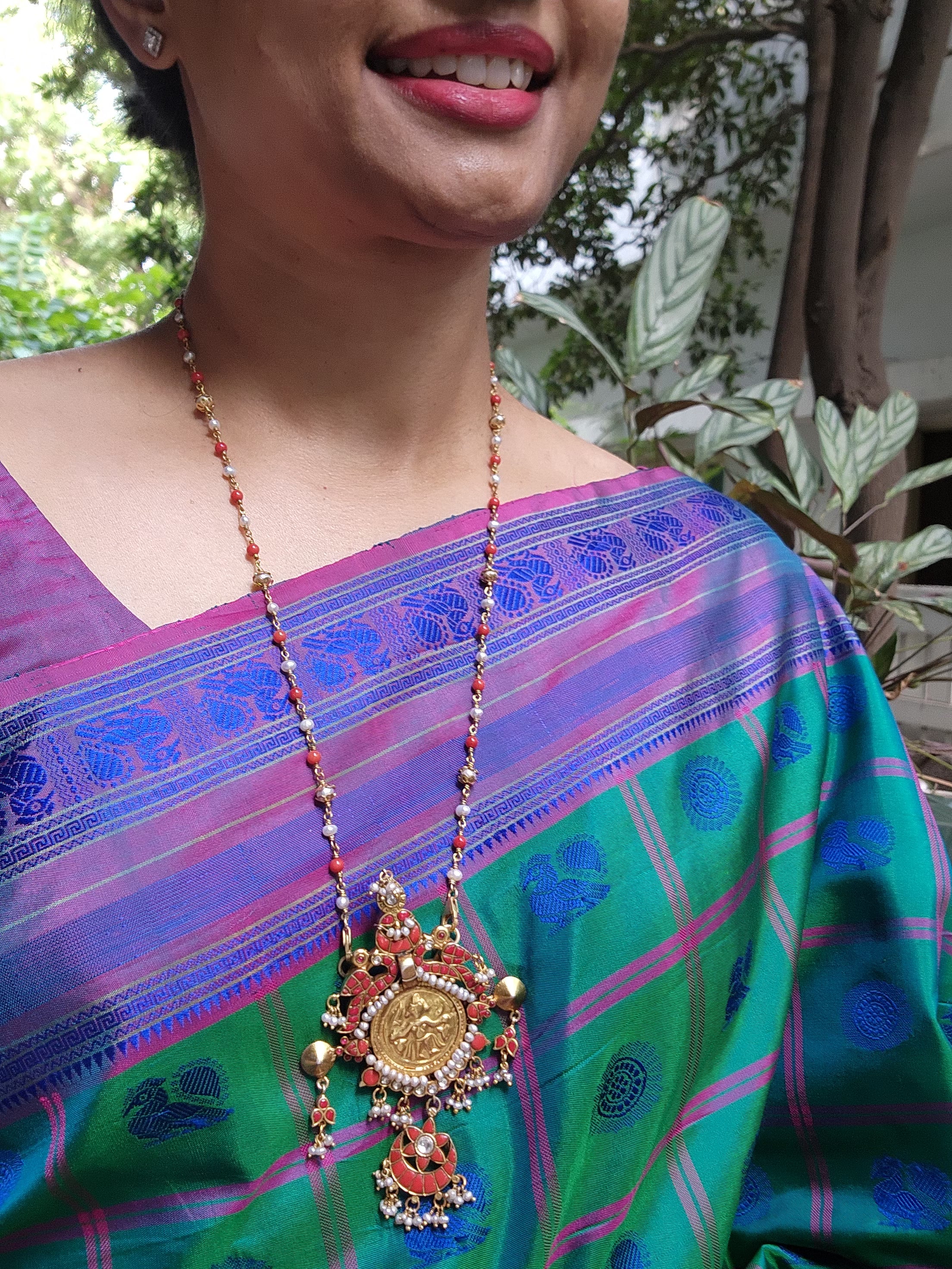 Gold polish kundan & coral pendant chain with pearls and coral beads-Silver Neckpiece-CI-House of Taamara