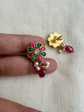 Gold polish kundan, emerald and ruby studs with pearls-Earrings-CI-House of Taamara