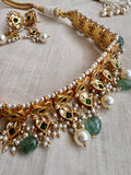 Gold polish kundan & emerald choker set with jade and pearl beads-Silver Neckpiece-CI-House of Taamara