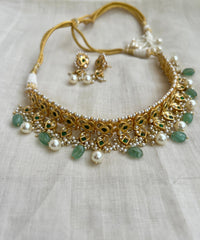 Gold polish kundan & emerald choker set with pearls-Silver Neckpiece-CI-House of Taamara