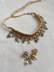 Gold polish kundan & emerald choker set with pearls-Silver Neckpiece-CI-House of Taamara