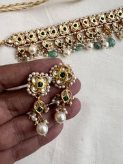 Gold polish kundan & emerald choker set with pearls-Silver Neckpiece-CI-House of Taamara