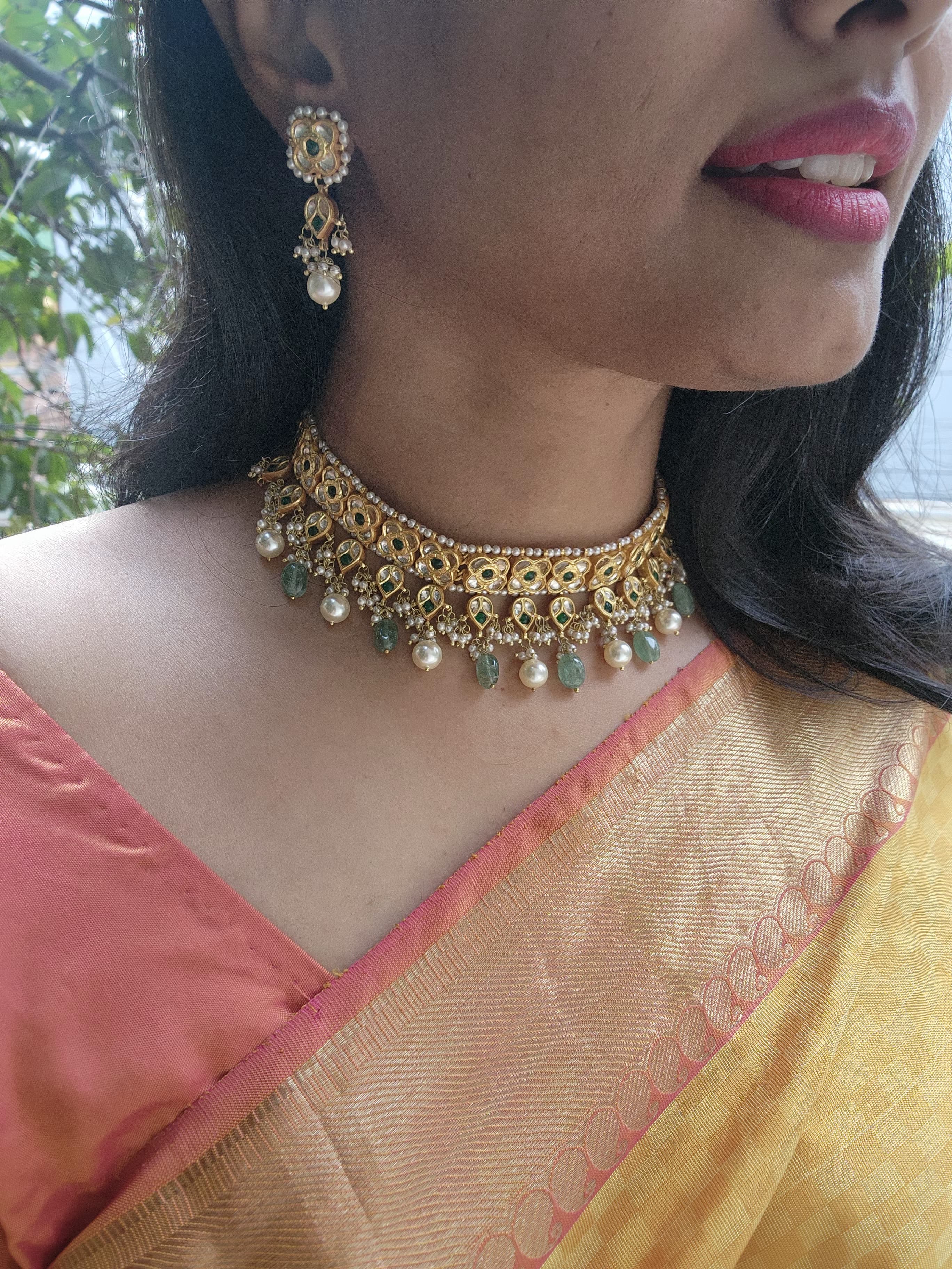 Gold polish kundan & emerald choker set with pearls-Silver Neckpiece-CI-House of Taamara