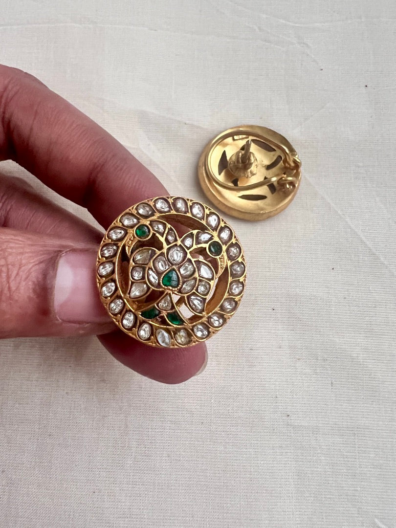 Gold polish kundan & emerald gandaberunda studs-Earrings-CI-House of Taamara