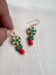 Gold polish kundan & emerald hook earrings with pearls-Earrings-CI-House of Taamara