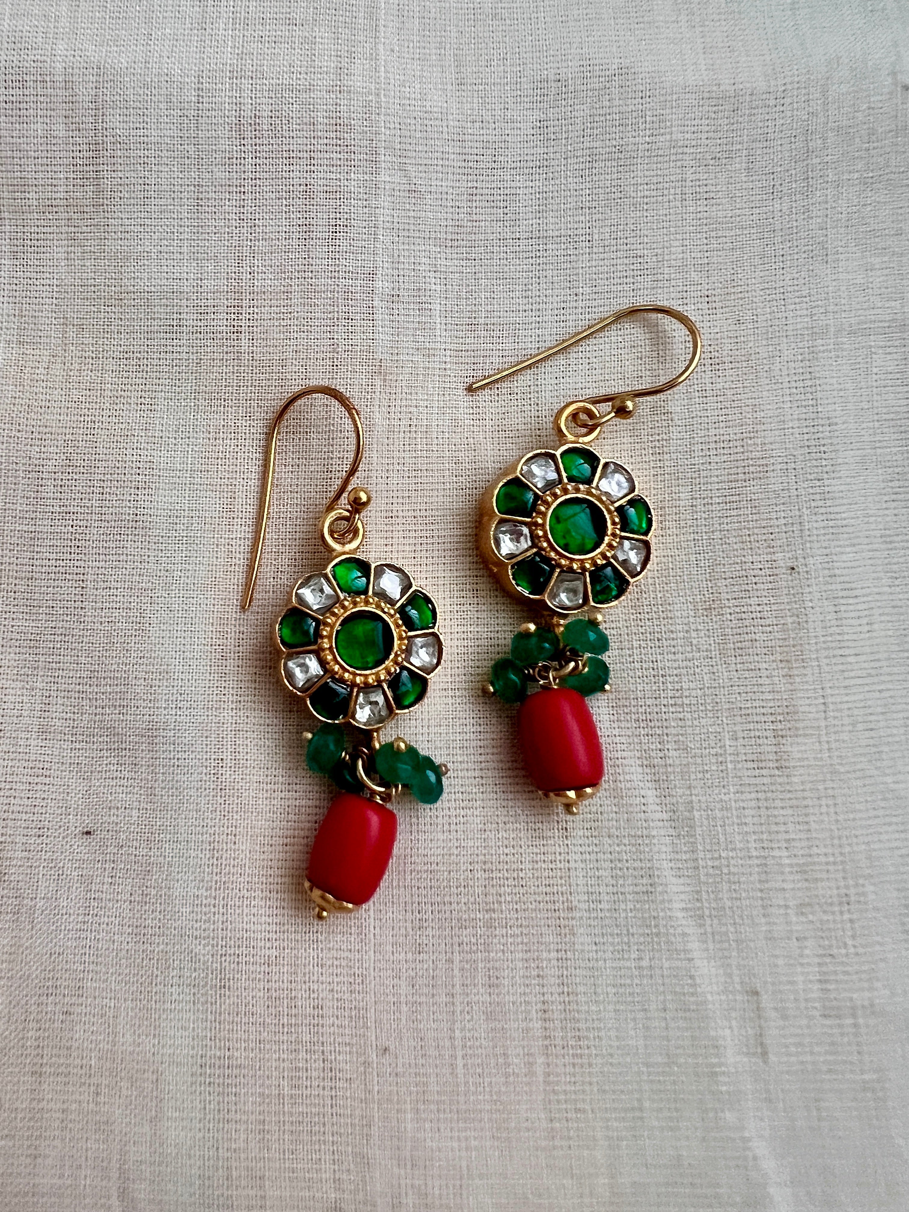 Gold polish kundan & emerald hook earrings with pearls-Earrings-CI-House of Taamara