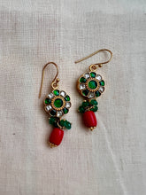 Gold polish kundan & emerald hook earrings with pearls-Earrings-CI-House of Taamara