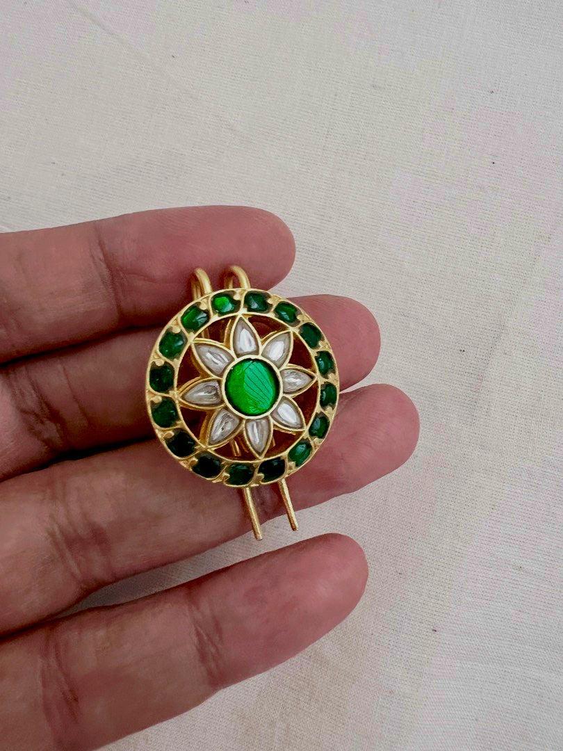 Gold polish kundan & emerald jade billa clip-Silver Neckpiece-CI-House of Taamara