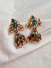 Gold polish kundan & emerald jhumkas with pearls-Earrings-CI-House of Taamara