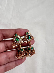 Gold polish kundan & emerald jhumkas with pearls-Earrings-CI-House of Taamara