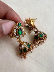 Gold polish kundan & emerald jhumkas with pearls-Earrings-CI-House of Taamara