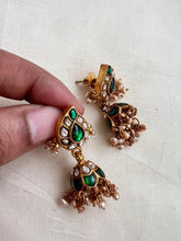 Gold polish kundan & emerald jhumkas with pearls-Earrings-CI-House of Taamara