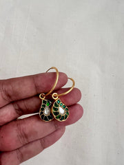 Gold polish kundan & emerald mango loop earrings-Earrings-CI-House of Taamara