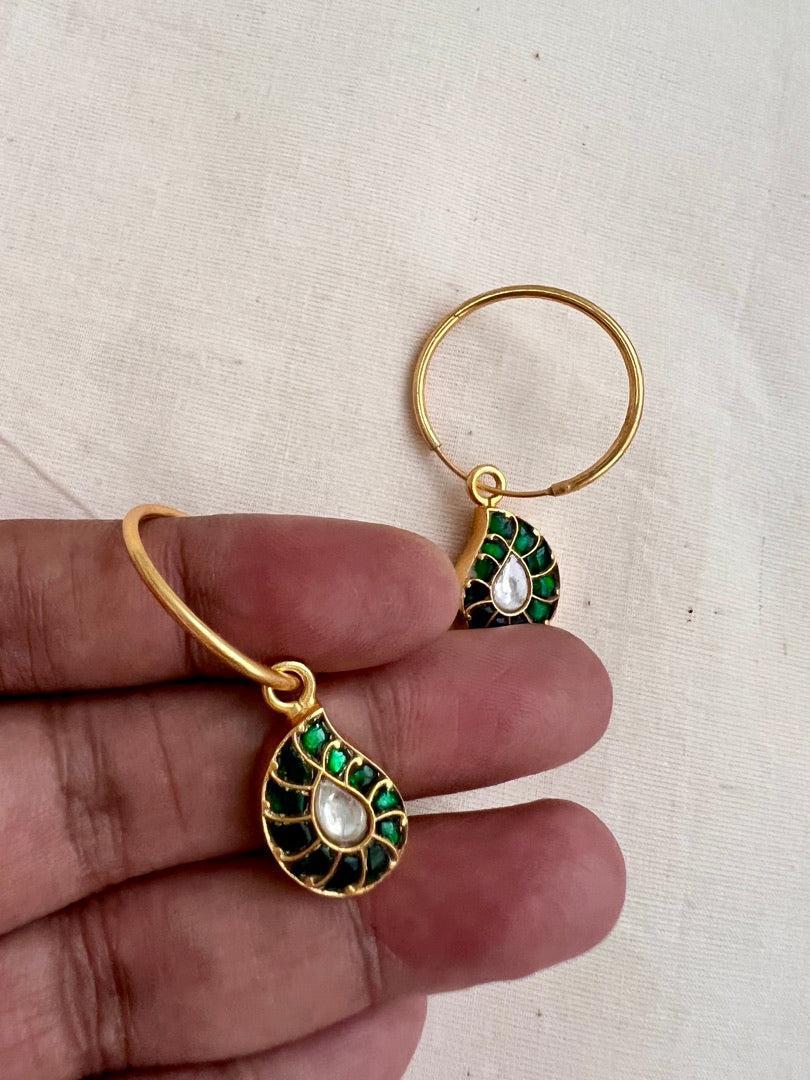Gold polish kundan & emerald mango loop earrings-Earrings-CI-House of Taamara