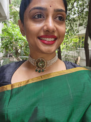 Gold polish kundan & emerald peacock choker with pearl strings and green onyx beads-Silver Neckpiece-CI-House of Taamara