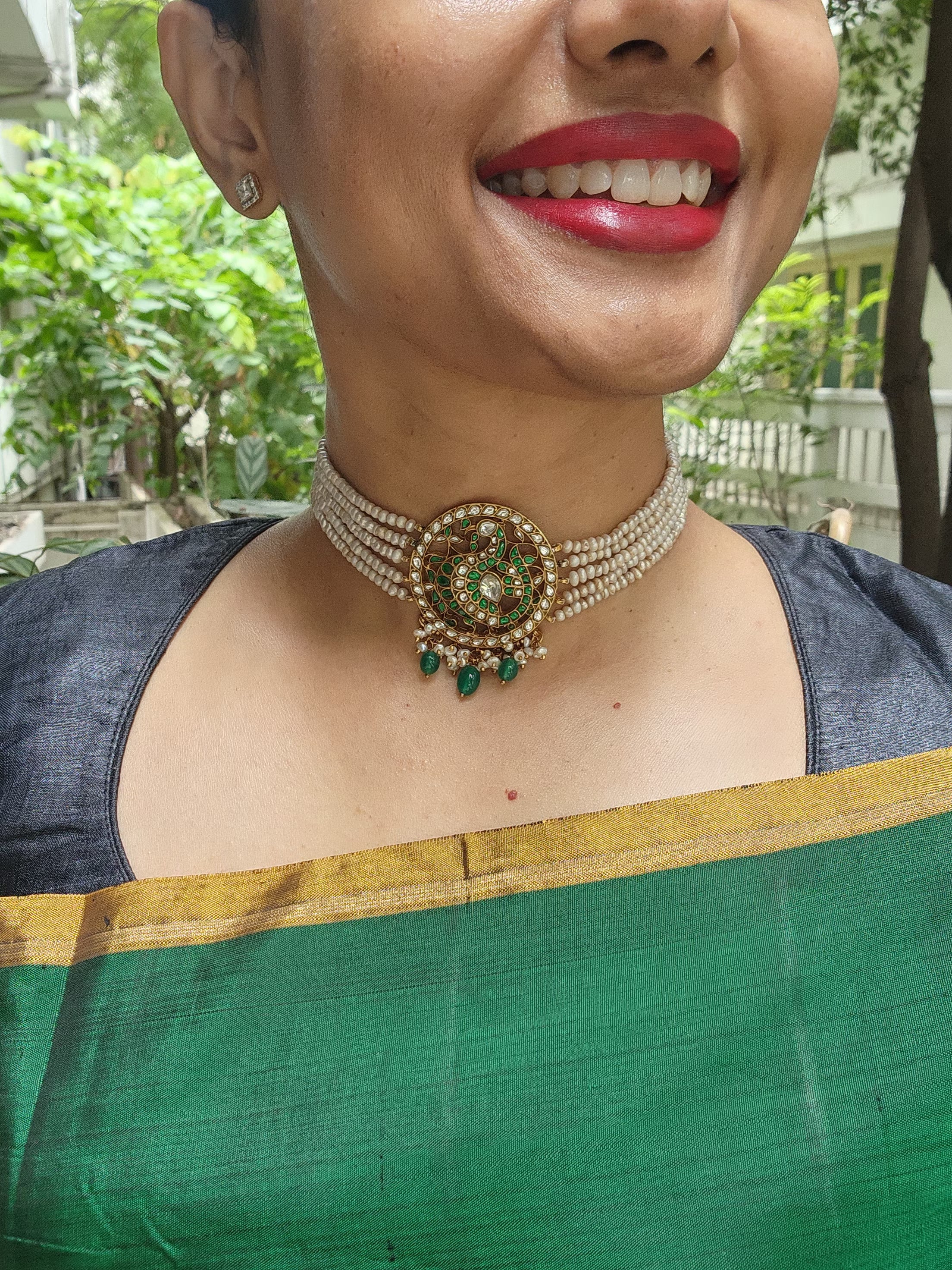 Gold polish kundan & emerald peacock choker with pearl strings and green onyx beads-Silver Neckpiece-CI-House of Taamara