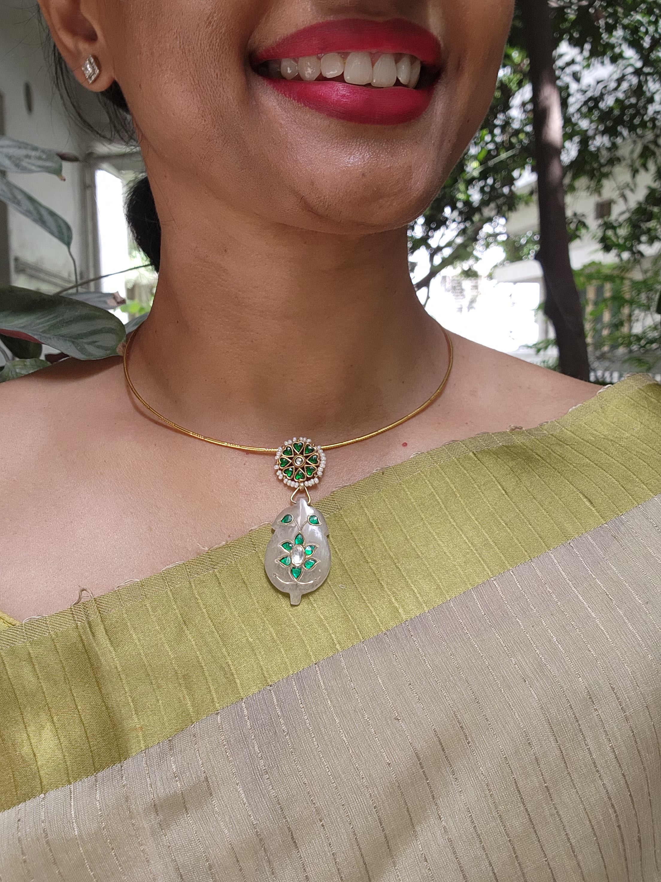 Gold polish kundan & emerald pendant hasli with pearls-Silver Neckpiece-CI-House of Taamara
