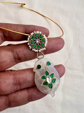 Gold polish kundan & emerald pendant hasli with pearls-Silver Neckpiece-CI-House of Taamara