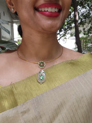 Gold polish kundan & emerald pendant hasli with pearls-Silver Neckpiece-CI-House of Taamara