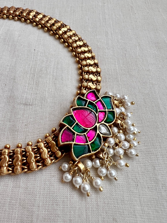 Gold polish kundan, emerald & ruby lotus necklace with pearls, set-Silver Neckpiece-CI-House of Taamara