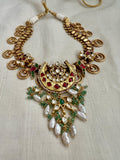 Gold polish kundan, emerald & ruby pendant necklace with small jade beads and pearls-Silver Neckpiece-CI-House of Taamara