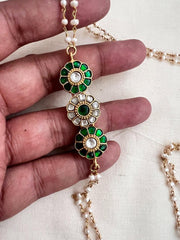 Gold polish kundan & emerald side mope chain with pearls-Silver Neckpiece-CI-House of Taamara