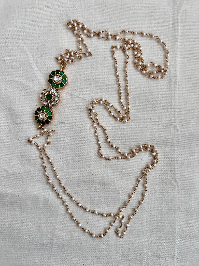 Gold polish kundan & emerald side mope chain with pearls-Silver Neckpiece-CI-House of Taamara