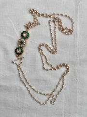 Gold polish kundan & emerald side mope chain with pearls-Silver Neckpiece-CI-House of Taamara