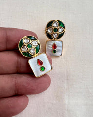 Gold polish kundan & emerald studs with mother of pearls-Earrings-CI-House of Taamara