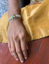 Gold polish kundan & emerald with mesh pearls bracelet-Silver Bracelet-CI-House of Taamara
