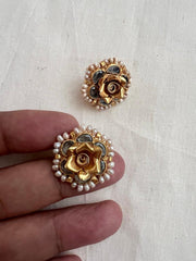 Gold polish kundan flower earrings with pearls-Earrings-CI-House of Taamara
