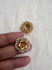 Gold polish kundan flower earrings with pearls-Earrings-CI-House of Taamara