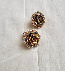 Gold polish kundan flower earrings with pearls-Earrings-CI-House of Taamara